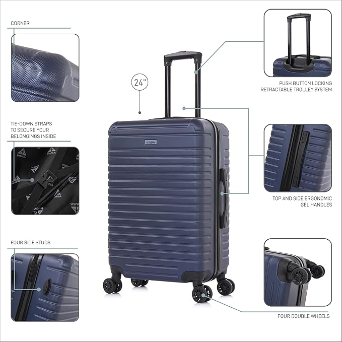 InUSA DEEP Luggage with GEL Handle | Spacious Traveling Suitcases, Travel Suitcase with Dual Spinner Wheels and Studs | 24 Inch Medium Hardside Luggage | Blue