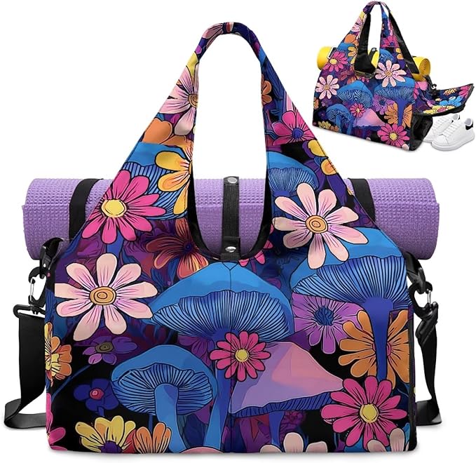 Womens Duffle Bag with Shoes Compartment, Mushroom Workout Bag with Yoga Mat Holder, Wet Pocket, Carrying Function Gym Bags for Yoga Pilates Swimming