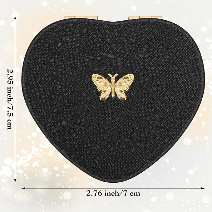 Heart Shaped Double-Sided 1X/2X Magnifying Mirror, Compact Folding PU Leather Makeup Mirror, Ultra-Portable for Women Home Office Travel