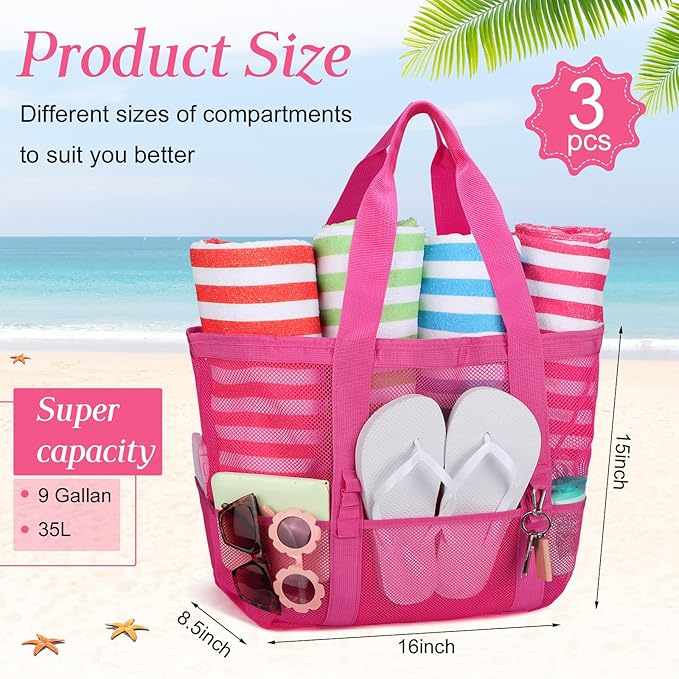Hillban Large Beach Mesh Bags Bulk for Women Beach Tote Bag with 8 Pocket Zipper Waterproof Sandproof for Pool Cruise Ship