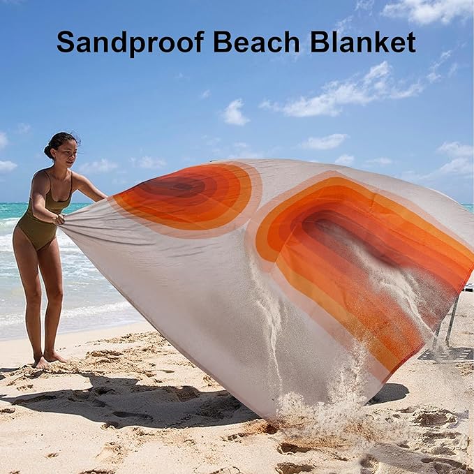 BEW 9 ft×10 ft Extra Large Waterproof Sandproof Beach Blanket for 8 Adults, Beach Mat with 4 Stakes, 210T Polyester Foldable Picnic Blanket for Travel, Hiking, Orange Arches (BB-118-Boho-Arches)
