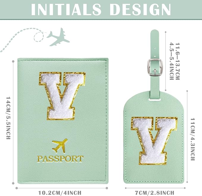 COSHAYSOO Green Passport Cover and Initial Luggage Tag Set TSA Approved with Preppy Chenille Letter Patch for Women Girl Friends, Trendy Travel Bag Backpack Suitcase Identifier Personalized Gifts (V)
