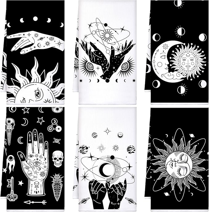 Bencailor 6 Pcs Gothic Kitchen Towels Spooky Tarot Dish Hand Towels Moon Sun Witch Tea Washcloth for Horror Party Gifts Bathroom Kitchen Goth Decor 24 x 16''
