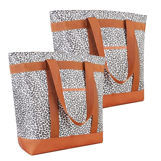 CIVJET 2Pk Insulated Reusable Tote Bag for Grocery Shopping for Women/Men, Pizza/Food Delivery Bag to Keep Food Cold/Hot for Professional Catering, Cooler Bags for Travel/Beach/Picnic, Cow Print