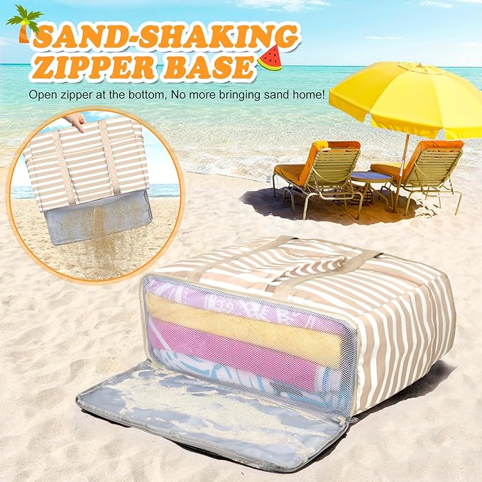 Large Beach Bag with Zipper, 12 Pockets Waterproof Sandproof Pool Bag Womens Mesh Beach Tote Bag for Travel Vacation