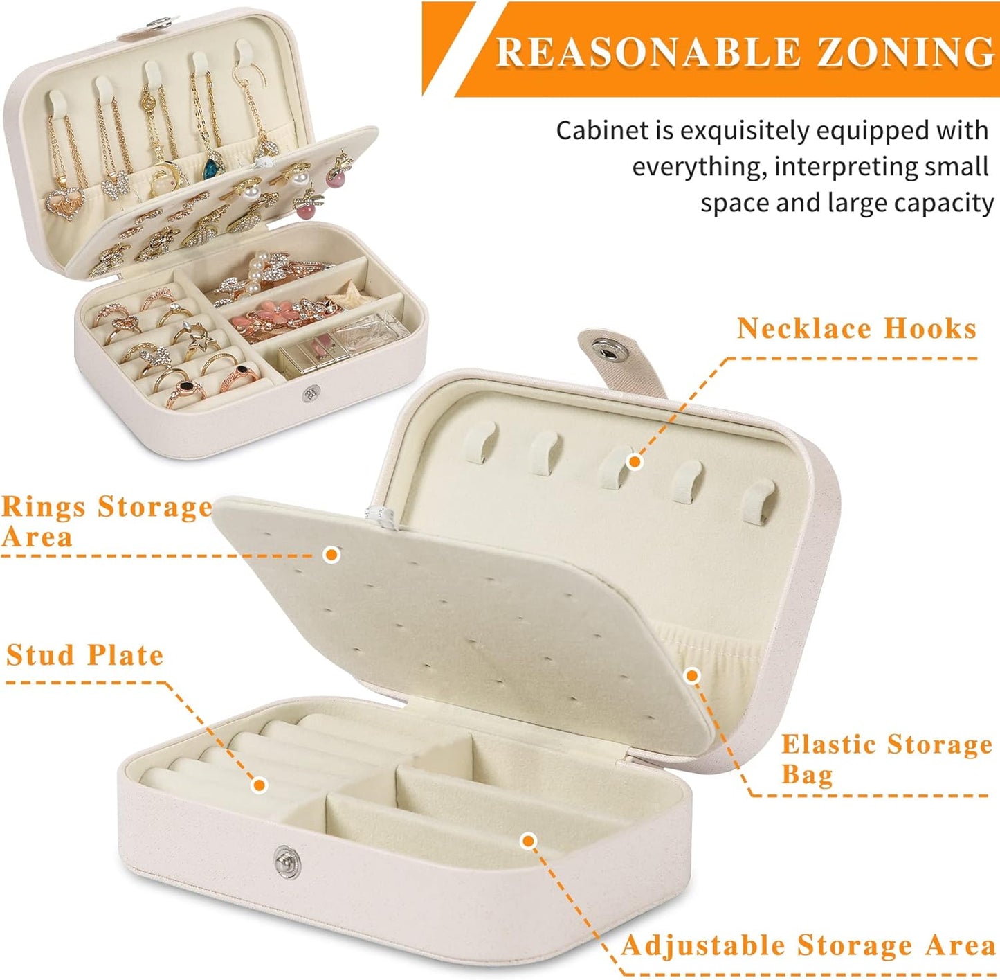 Travel Jewelry Box, PU leather Small Jewelry Organizer For Female Girls, double layer portable mini travel case for storing earrings, rings, necklaces.(White)