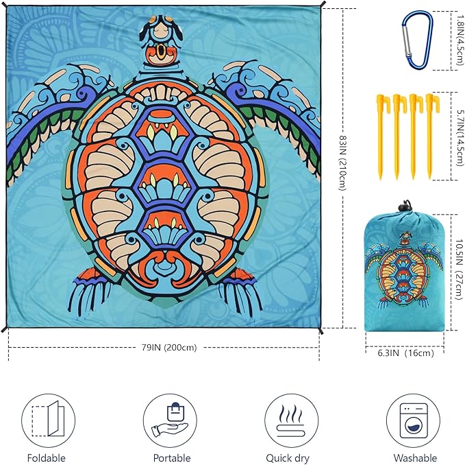 Beach Blanket Waterproof Sandproof Beach Mat 79”x 83” for 1-8 Adults Quick Drying Durable Outdoor Picnic Mat for Beach Festival Travel Camping Hiking (Mandarin Seaturtle, 79"×83"(4 Person))