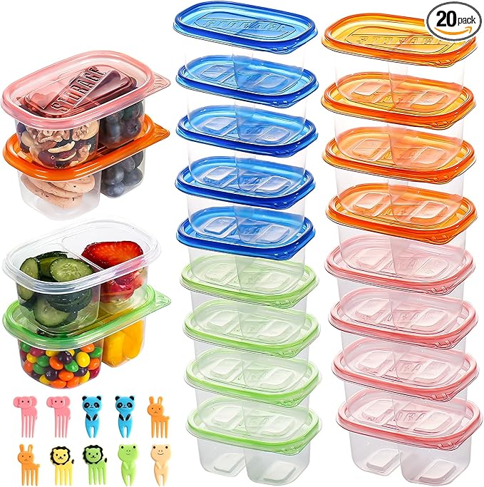 20pcs Snack Containers with Lids,Double Compartment Snack Containers for kids adults, 10 Cute Forks，Bento Box-Lightweight and stackable, Microwave, refrigerator safe (4 Color)