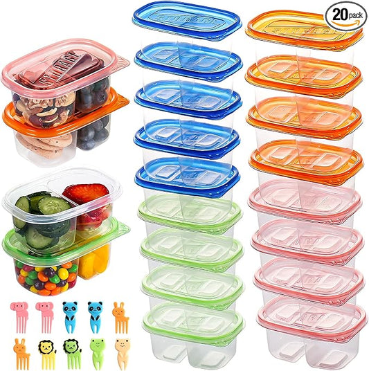 20pcs Snack Containers with Lids,Double Compartment Snack Containers for kids adults, 10 Cute Forks，Bento Box-Lightweight and stackable, Microwave, refrigerator safe (4 Color)