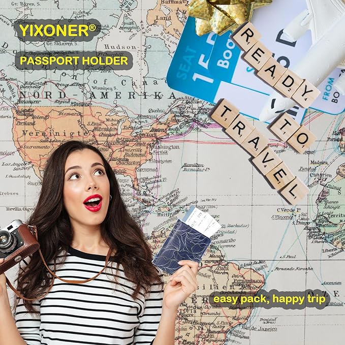 Passport Holder For Travel, RFID Blocking Passport Wallet, Passport Cover Secure & Front Pocket Money Holder For Men & Women, Travel Wallet, Golden Leaves In Blue, Advanced Version
