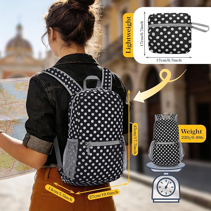 ZOMAKE Ultra Lightweight Hiking Backpack 20L, Packable Small Backpacks Water Resistant Daypack for Women Men(Black，White polka dots)