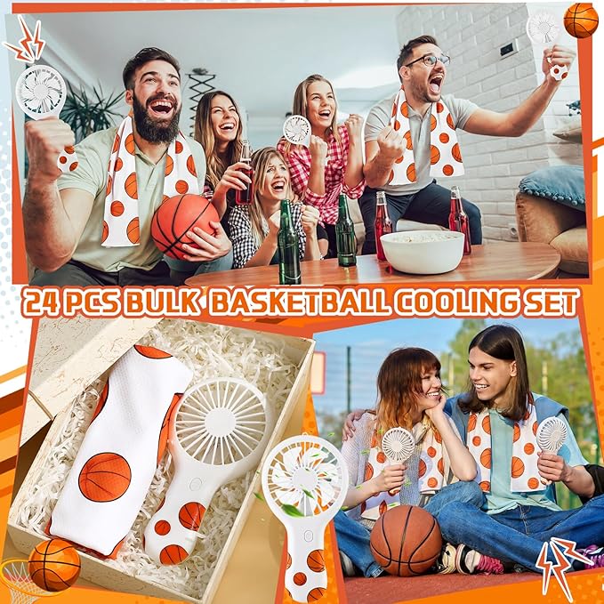 Woanger 24 Pcs Basketball Cooling Towels and Fans Sets Mini Handheld Fans Bulk 3 Speeds USB Lash Towel for Sporting Basketball Gifts for Team Games Party Favor
