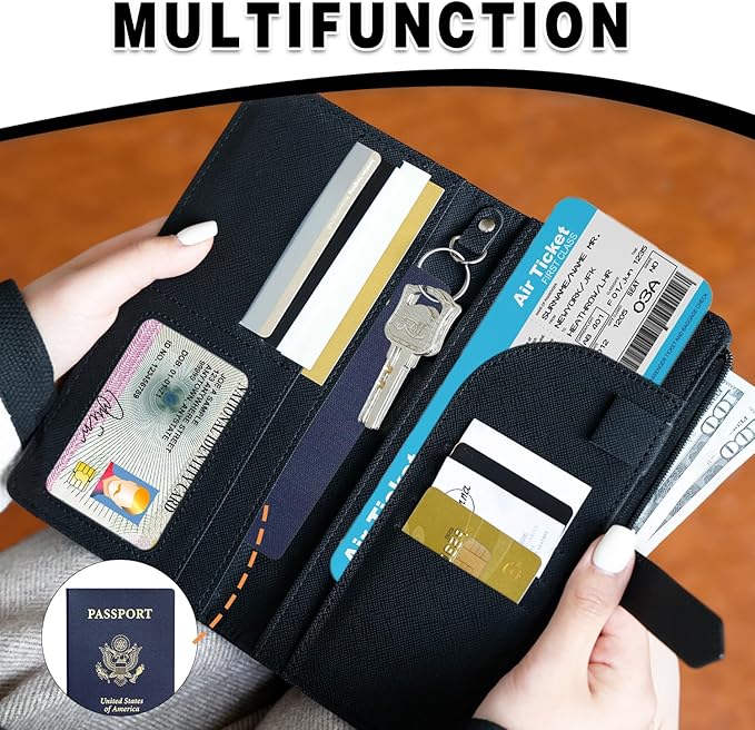 Deziliao Passport Wallet for Men and Women, Mulit-purpose RFID Blocking Passport Holder Travel Wallet, Passport and Vaccine Card Holder Combo, Travel Essentials Passport Cover Case（Black）