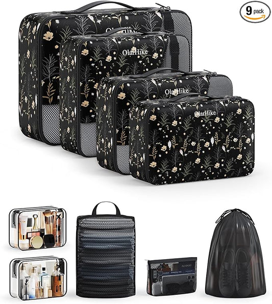 11 Set / 9 Set Packing Cubes for Travel,Gifts for Women Mom Kids,TSA Approved Bags for Makeup, Cosmetic, Toiletry, Organizers for Suitcase Carry On,Cruise Essentials Airplane Accessories,Black Floral