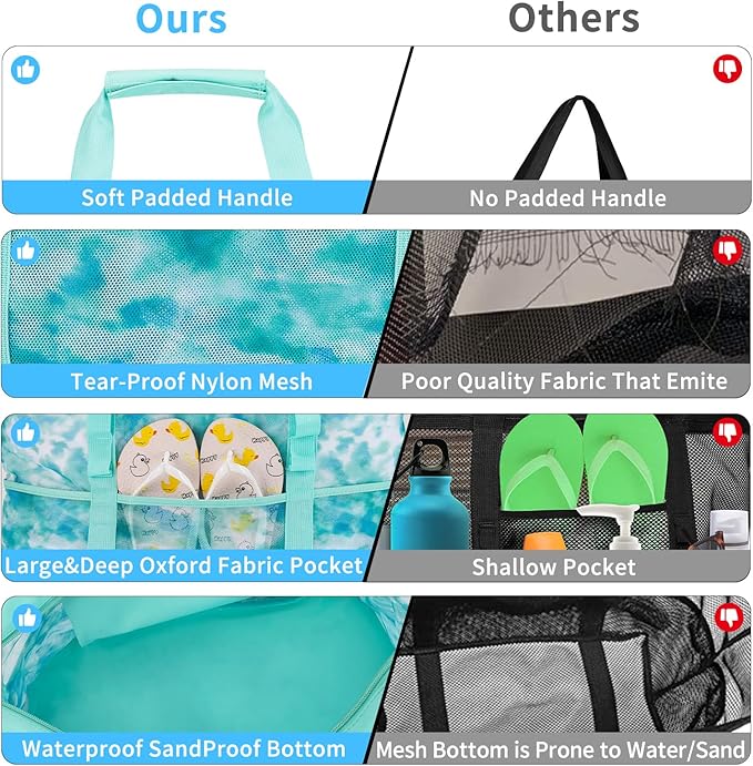 KABAQOO Mesh Beach Bag, Extra Large Beach Bags with 9 Pockets & Zipper Waterproof Lightweight Beach Tote for Beach/Pool Trip | Extra Large, 9 Pockets, Zipper, Waterproof, Lightweight, Beach/Pool Trip