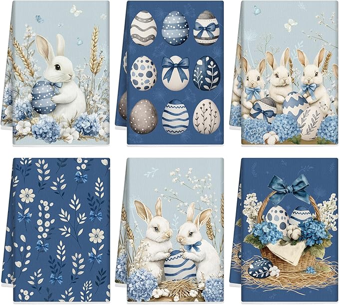 Breling Set of 6 Easter Decorations Easter Kitchen Towels Blue Rabbits Bunny Dish Towel Bathroom Decorative Spring Farmhouse Wild Flowers Hand Cloths for Home Decorations, 14 x 21 Inch