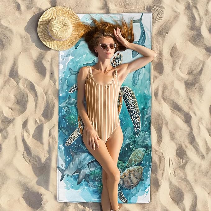 Turtle Shark Undersea Beach Towel, Large Microfiber Quick Dry Lightweight Pool Bath Towels Sand Free Beach Blanket for Summer Cruise Yoga Camping Travel Vacation Essentials 31 x 61 in