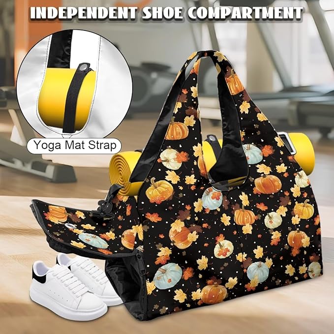 Maple Leaf Pumpkins Small Gym Bag for Women with Shoe Compartment Duffle Bag for Travel Carry On Overnight Weekender Bags Fitness Workout Yoga Tote Bags for Thanksgiving Themed Gifts