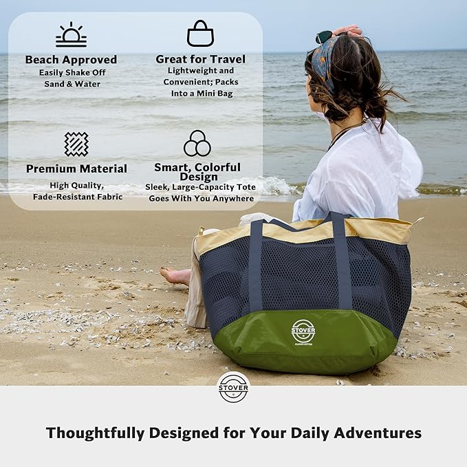 STOVER Extra Large Mesh Beach Bag, Vacation, Pool, Shopping & Travel Tote - Foldable w/Storage Pouch & Pockets for Women, Men