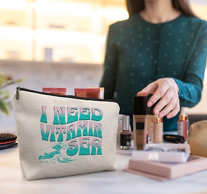 Funny Summer Beach Makeup Bag Gifts for Women, Beach Cosmetic Bag, Beach Stuff for Women, Beach Gifts for Women Friends, Summer Beach Essentials, Beach Weekend Gifts, I Need Vitamin Sea