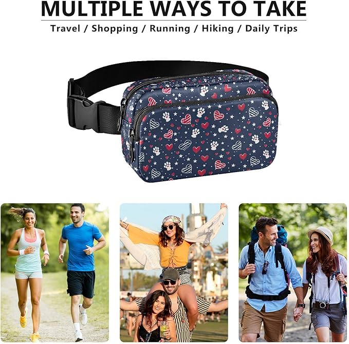 American Patriotic Star Heart Dog Paw Fanny Pack for Women Men Water Resistant Fashion Waist Packs with Adjustable Strap Belt Bag for Travel Workout Jogging Hiking 21219446