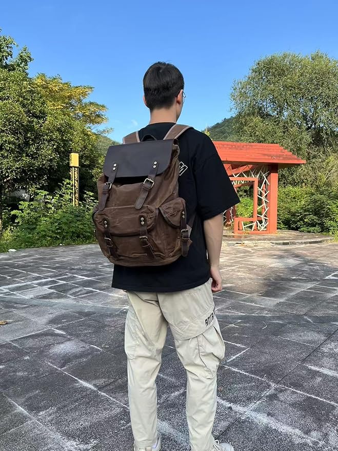 Genuine Leather Canvas waxed Backpack Travel Rucksack Laptop Bag