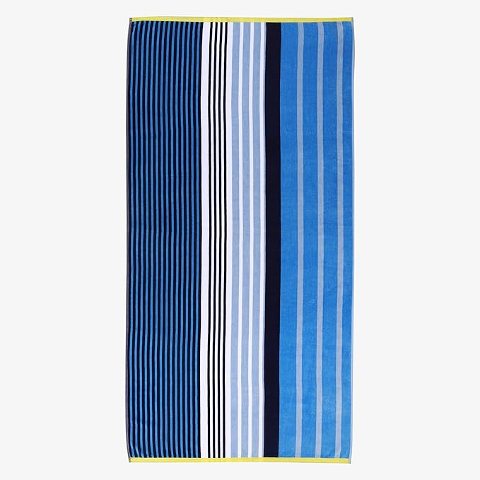 Superior Cotton Beach Towel, Absorbent Oversized Towel for Swimming Pool, Camping, Bathroom, Shower, Large, Quick Drying, Adults, Kids, Colorful, Mira Striped Collection, 68" x 34", Blue-Navy