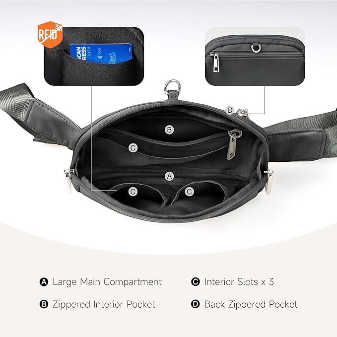 Anti Theft Fanny Pack 2L Belt Bag Crossbody Bag for Women Men Rfid Blocking Sling Waist Bags for Travel, Gray