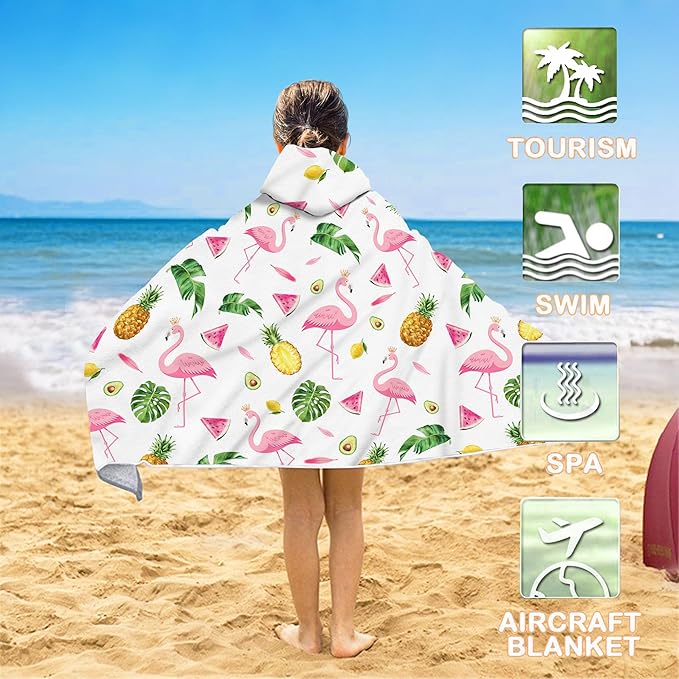 Bonsai Tree Summer Pink Flamingo Bright Hooded Beach Towel, Flamingo Lover Kids Poncho Towel for Boys Girls, Quick Dry 30''x50” Bath Towel for Pool Swiming Boys Gifts