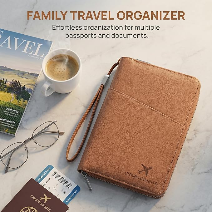 Family Passport Holder Wallet with Zipper, RFID Blocking Travel Document Organizer for Women Men, Portable Case Cover for Cards, Boarding Pass, ID, Money, Tickets with Wrist/Neck Strap