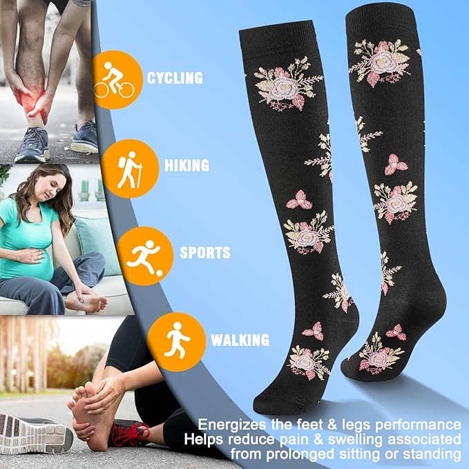 bropite Flora Compression Socks for Women & Men-Knee high 6 Pairs 20-30mmhg Support Running Nurse Travel