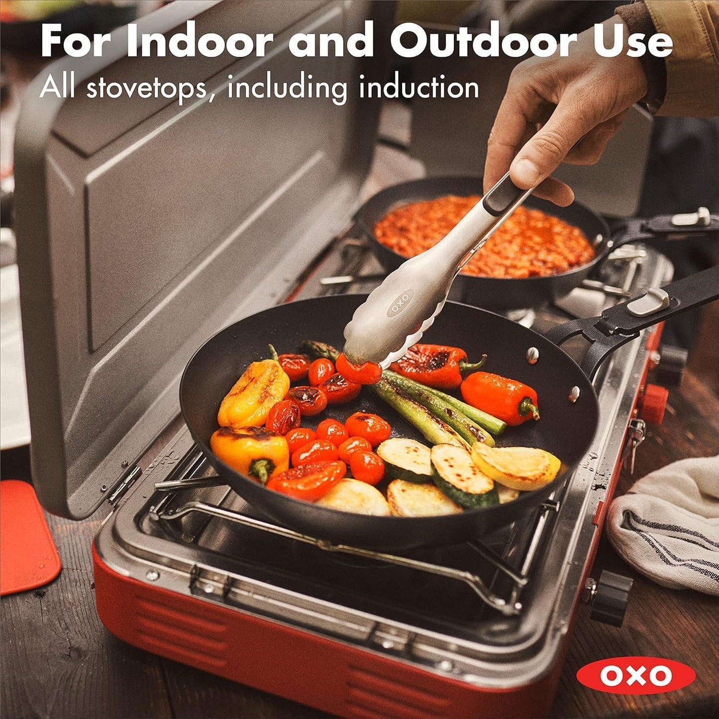 OXO Outdoor Pre-Seasoned Carbon Steel 10" Frying Pan Skillet, Detachable Handle for Easy Storage, Indoor Use, Nonstick with Use, Induction Suitable,Oven & Broiler Safe,Browning, Grill,Sear,Saute,Black