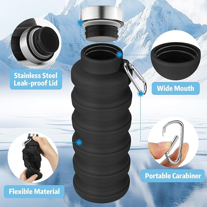 Collapsible Water Bottles,16oz Capacity Portable Reusable Silicone Water Bottle,Leak-proof,with buckle,foldable storage,Lightweight Durable for Fitness,Cycling,Sports,Camping,Hiking (Rainbow)
