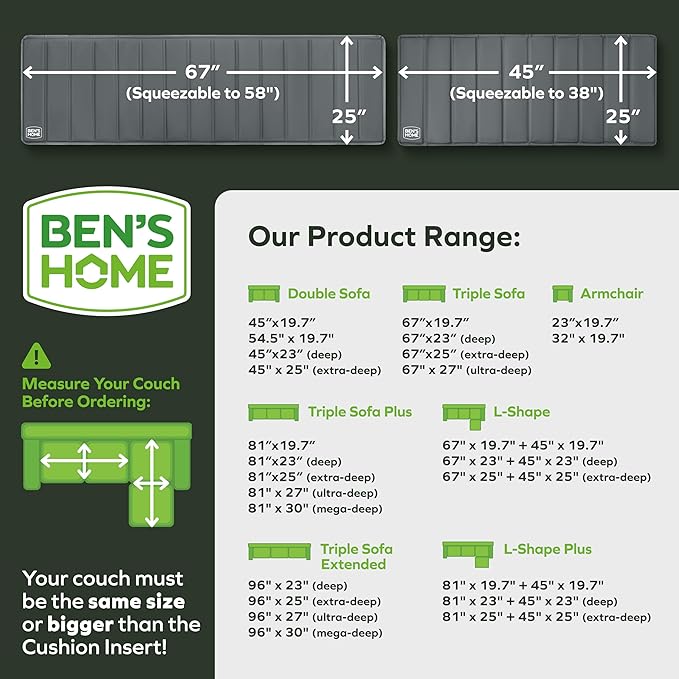 BEN'SHOME® Heavy Duty Sectional Sofa Support Board for Sagging Sofas | Fits 67"+45", 25" Seat Depth | Protects Your Back from Sinking Seats | 0.5" Solid Wood, 400 LBS, Lifetime Replacement