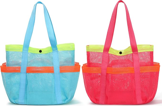 Mesh Beach Bag, Foldable Waterproof Sandproof Beach Storage Tote with 6 Pockets, Swim Tropical Vacation Pool Essential