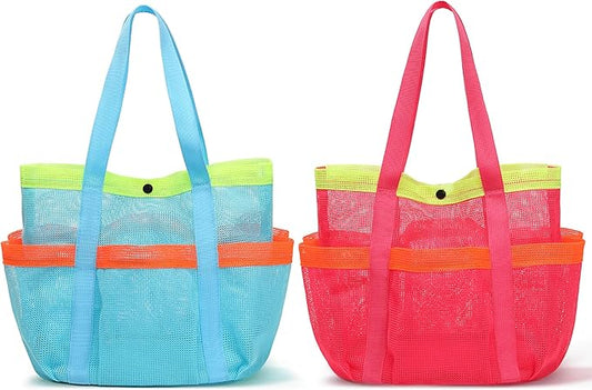 Mesh Beach Bag, Foldable Waterproof Sandproof Beach Storage Tote with 6 Pockets, Swim Tropical Vacation Pool Essential