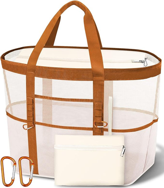 2026 Chic & Spacious XX-Large Beach Bag for Women — Mesh × Canvas Tote with Top Zipper, 11 Pockets, Detachable Pouch | 40L+ Spacious, 11 Tall Pockets, Zipper Pouch, Secure Zip-Top, Sand-Resistant Base