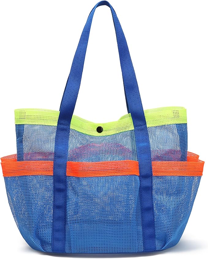 Mesh Beach Bag, Foldable Waterproof Sandproof Beach Storage Tote with 6 Pockets, Swim Tropical Vacation Pool Essential