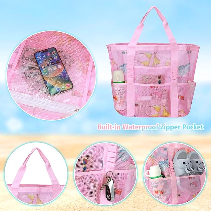 Mesh Beach Bags for Women - Family Beach Tote Bag for Toys, Towels, Travel Vacation Cruise Essentials