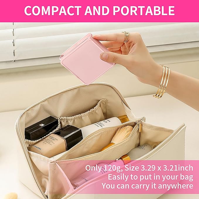 Rechargeable Trifold Makeup Mirror with Lights, 1X 5X 10X Magnification, Portable LED Lighted Compact Mirror with 3 Magnetic Zoom Mirrors for Travel & Vanity (Pink)