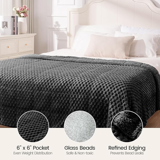 Super Soft Luxury Fleece Sherpa Weighted Blanket 15lbs for Adults, Turtle Shell Fluffy Cozy Warm Queen Size Weighted Throw, Ceramic Beads Washable Heavy Blankets for Couch Bed, Black, 60" x 80"