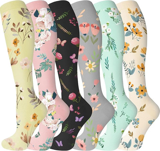 bropite Flora Compression Socks for Women & Men-Knee high 6 Pairs 20-30mmhg Support Running Nurse Travel