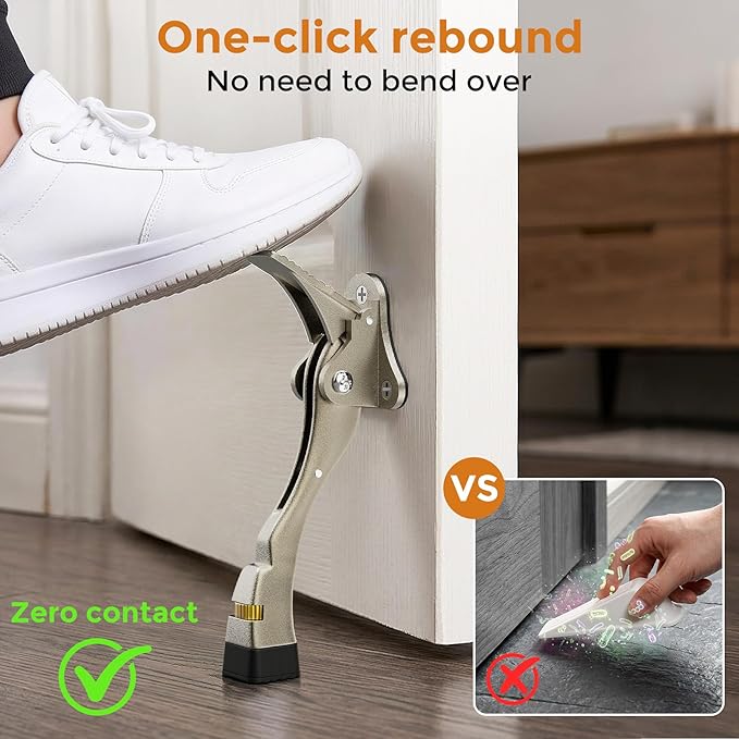 Gotega Door Stopper, 2 Packs Kickdown Door Stop with One Touch Adjustable Height and Rubber Tip 4 Inches, Heavy Duty Door Stops, Door Holder, Bottom of Door - Satin Nickel