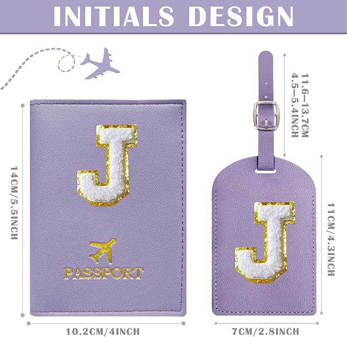 COSHAYSOO Purple Initial Passport Cover Holder and Luggage Tag Set TSA Approved with Chenille Letter Patch ABC for Women Teenage Girls, Travel Essentials Must Have Stuff Bag Suitcase Identifier (J)