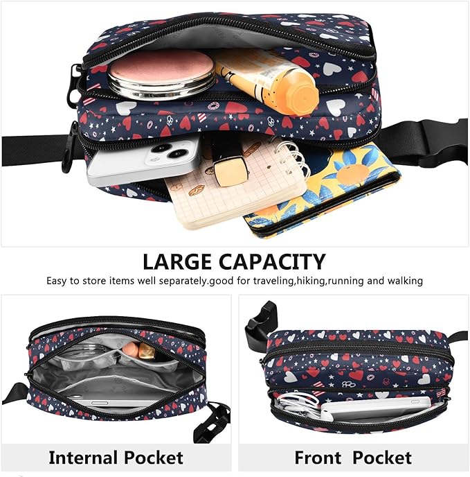 Kawaii American Flag Heart Dog Paw Fanny Pack for Women Men Water Resistant Fashion Waist Packs with Adjustable Strap Belt Bag for Travel Workout Jogging Hiking 21219382