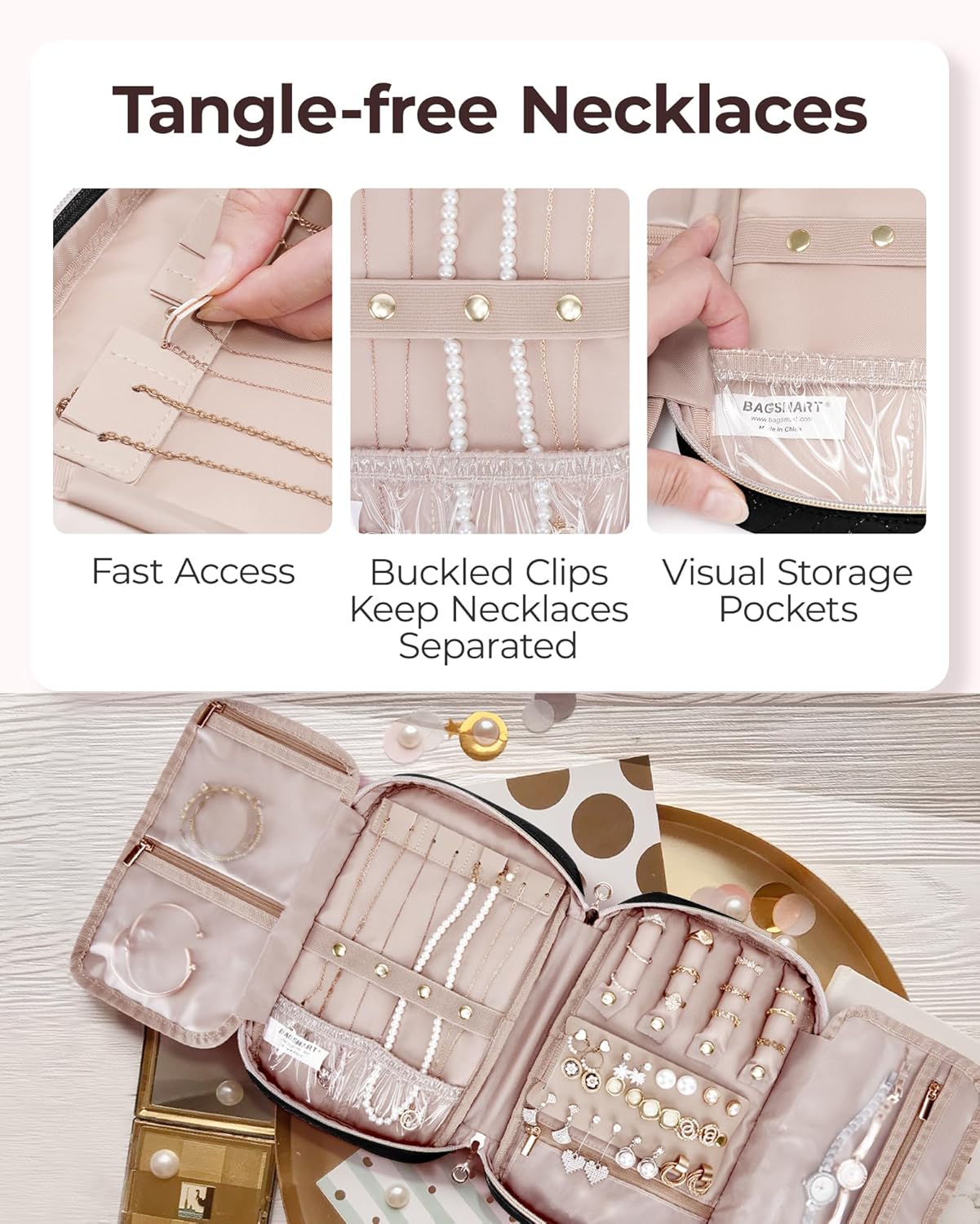 BAGSMART Jewelry Organizer Bag Travel Jewelry Storage Cases for Necklace, Earrings, Rings, Bracelet, Black