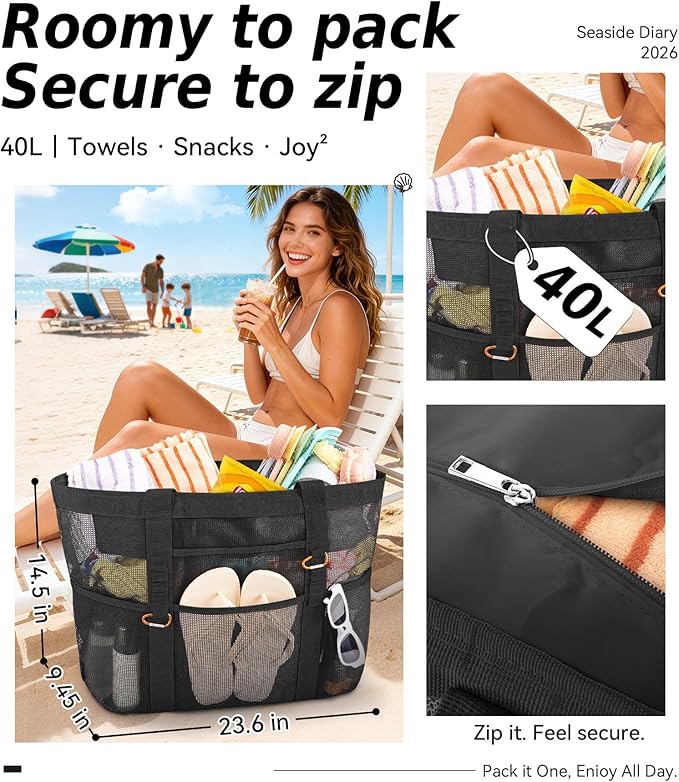 2026 Chic & Spacious XX-Large Beach Bag for Women — Mesh × Canvas Tote with Top Zipper, 11 Pockets, Detachable Pouch | 40L+ Spacious, 11 Tall Pockets, Zipper Pouch, Secure Zip-Top, Sand-Resistant Base