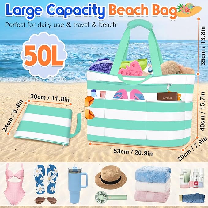 BKNOOU Extra Large Beach Bags Waterproof Sandproof XL Beach Tote Bag for Women Zipper Foldable Swim Pool Bag with Wet Pocket