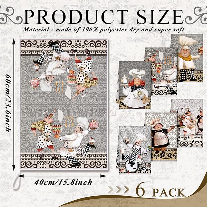 Bencailor 6 Pcs Funny Chef Kitchen Towels Colorful Dish Hand Towels Farmhouse Decorative Tea Washcloth for Bathroom Kitchen Fall Autumn Decor 24 x 16''