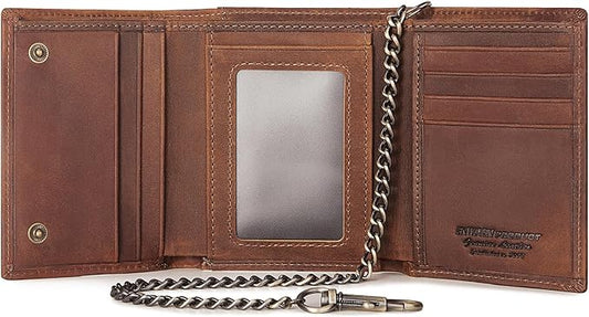 Trifold Mens Wallet with Chain, Genuine Leather Wallet RFID Blocking Anti-Theft Chain for Biker, Motorcycle (Brown Color)